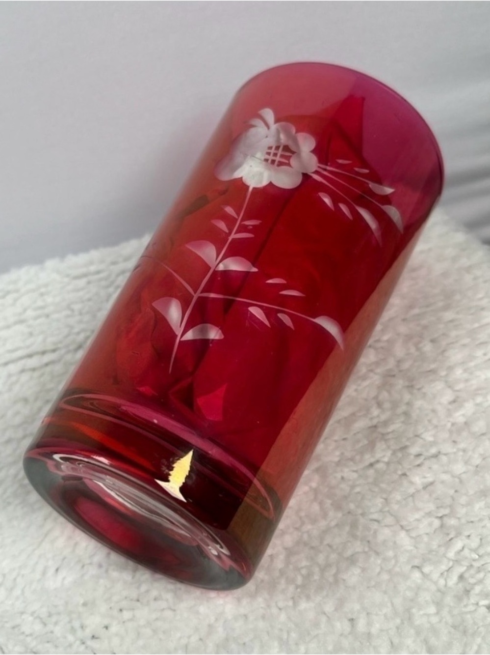 Ruby Red Etched Glass Tumbler with Floral Motif-2 Tumblers